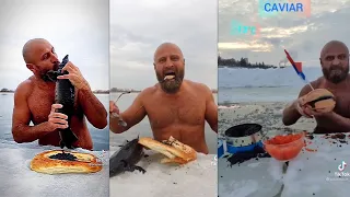 Crazy Russian Guy Serzhmorzh kisses fish & squeezes caviar out of fish Welcome to Russia