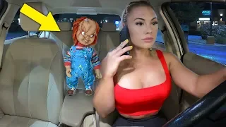 HAUNTED DOLL COMES TO LIFE IN CAR PRANK ON GIRLFRIEND.. (cute reaction)