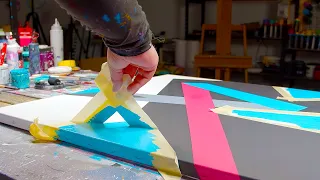 GEOMETRIC ABSTRACT PAINTING Demo With Acrylic Paint and Masking tape | Momento