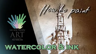 How to paint vintage line and wash watercolor architecture using only one color.