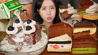 EATING CAKE WITH HANDS😋 STARBUCKS CHOCOLATE CAKE(+MILK) & CREPE CAKE ASMR EATING SOUNDS