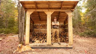Building a Firewood Shed in the Forest at My Off Grid Log Cabin