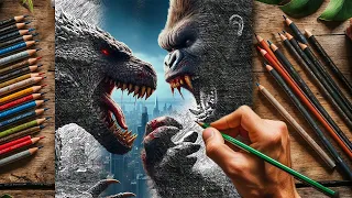 Pencil portrait realization of the two monsters Godzilla and Kong. The process of creating a picture