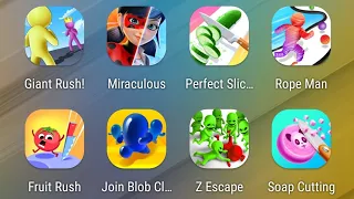 Giant Rush,Miraculous,Perfect Slices,Rope-Man Run,Fruit Rush,Join Blob Clash,Z Escape,Soap Cutting