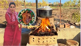 Grilled stuffed chicken in the village charcoal oven/Rural foods in Iran/Cooking with a village girl