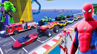 SPIDERMAN CARS Monster Trucks Mega Rampa Challenge ! SUPERHERO HULK Iron Man Goku Racing - GTA V