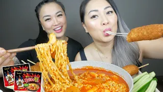 Samyang Stew Noodle With Cheesy Korean Corn Dog *Sister Mukbang | N.E Let's Eat & SAS ASMR