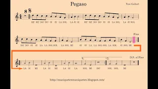 Vídeo-partitura. «Pegaso». SÍ melodia. Flauta, violí, ukelele, piano... instruments en Do.