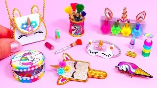 10 DIY Miniature UNICORN Cosmetics or UNICORN Makeup || Bag, Eyeshadow palette BARBIE DOLL HACKS