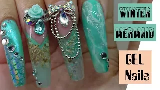 Sculpted Gel Nails | Winter Mermaid | Shells, glitter and Marble effect