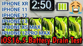 iPhone XR vs 11 vs 12 vs 13 vs XS Max vs 12 Pro Max Full Battery Life Drain Test - iOS 16.5