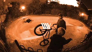 Boyd Hilder, Alex Hiam, Raph Jeroma-Williams and the LUXBMX crew ride an abandon pool.