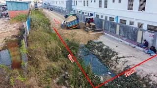 Up road to fill soil on old land & grass build foundation house by Komatsu dozer with dump trucks