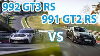 PORSCHE 992 GT3 RS vs. GT2 RS MR - 1:1 Comparison of the AERO MONSTERS - NÜRBURGRING NORDSCHLEIFE 4K