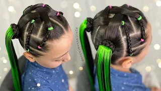 Peinado para niñas con dos Coletas y extensiones 💚✨ Fácil & bonito