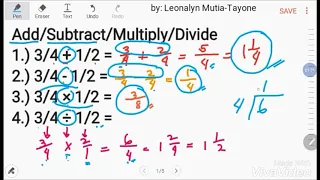 All about FRACTIONS: How to ADD SUBTRACT MULTIPLY DIVIDE, mixed numbers/improper fractions