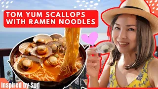 Tom Yum Ramen Noodle soup with Scallops | Cooking at Hotel Balcony Cha-Am Thailand 🇹🇭