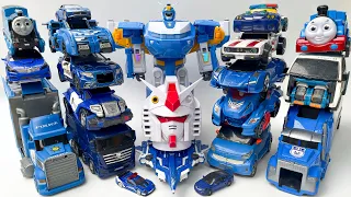 Huge Blue TRANSFORMERS Car Park: TRANSPORTING JCB TRUCK TRAIN BOAT | Fight of Optimus Prime Maximals