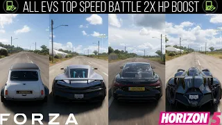 Forza Horizon 5 - *NEW 2022* Top 12 Fastest Tuned Electric Cars Top Speed Battle | WITH 2X HP BOOST