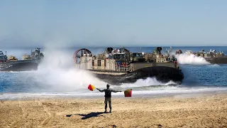 US Hovercrafts Unload Payload During Massive Beach Landing