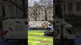 Ukraine flag painted outside of Russian Embassy in London