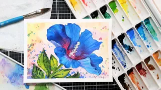 Let's Paint a Hibiscus Flower in Watercolor with Just 1 Brush! (open drip technique) EASY!