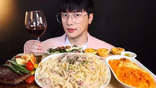 If I ever went on a blind date... Pretend blind date Mukbang 🍷 Cream Pasta, Steak, Risotto