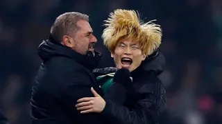 CELTIC FANS CELEBRATE WITH ANGE POSTECOGLOU AFTER BEATING HIBS IN THE FINAL