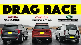 Battle of Giants! 2024 Toyota Sequoia vs Land Rover Defender 130 vs GMC Yukon . Drag and Roll Race