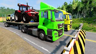 Double Flatbed Trailer Truck vs speed bumps|Busses vs speed bumps|Beamng Drive| 13