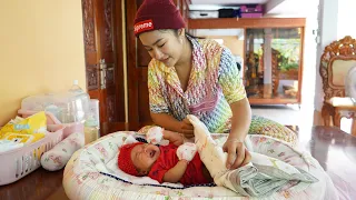 4 weeks old Baby girl Siv Hour in red dress is so cute - Peaceful family lifestyle in country