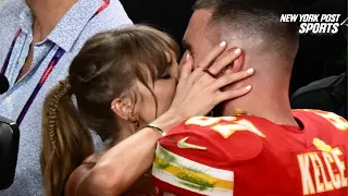 Taylor Swift and Travis Kelce kiss after Chiefs’ Super Bowl 2024 win
