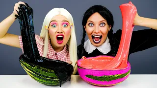 Mukbang Barbie vs Wednesday | Pink vs Black Food Challenge 블루 핑크 푸드 챌린지 HAHABOO