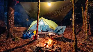 Camping  with Tent and Tarp (Roast Chicken) Campfire.