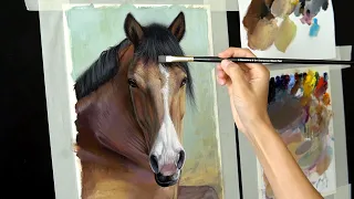 How to paint horse portrait, full face ? Oil painting tutorial, step by step. Acrylic underpainting.