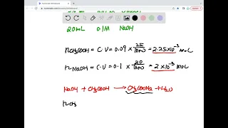 25mL of 0.090M acetic acid is titrated with 0.100M KOH. Calculate the pH if 20 mL of base is added.