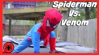 Little Heroes Spiderman vs Venom | Real Life Superhero Kids Movie Trampoline Fight