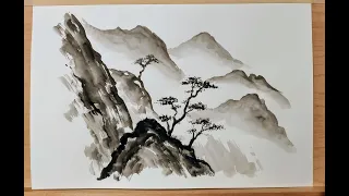 Japanese sumi-e landscape using black gouache