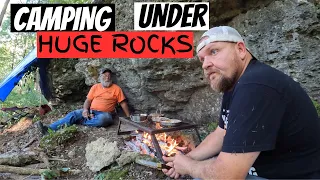 Bushcraft? Camping under a rock overnight tarp shelter epic camp food