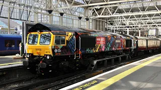 GBRf 66763 with Newly repainted & named 66718 'Peter, Lord Hendy' at London Waterloo - 24/5/23