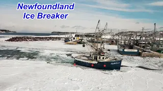 Fishing Boat Breaking Harbor Ice in Canada.