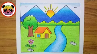 Scenery Drawing / How to Draw Landscape Scenery / Easy Drawing For Beginners / Village Scenery