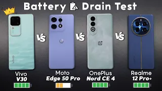 Moto Edge 50 Pro vs OnePlus Nord CE 4 vs Vivo V30 vs Realme 12 Pro Plus Battery Drain Test!