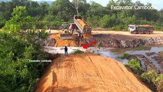 Incredible Expert Builder Foundation Road Cross Water Dump Truck & Bulldozer Pushing Unloading Dirt