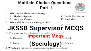 JKSSB Supervisor Important MCQS | Sociology Mcqs | Supervisor Specialization MCQS