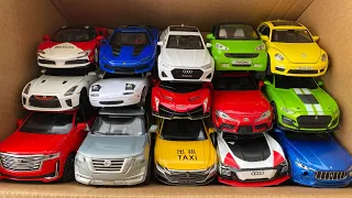 COLLECTING a box of CARS, Audi, Beetle, Supra, GTR, Ferrari, Mazda, Lamborghini, Taxi.