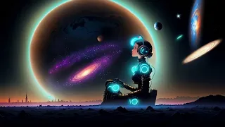 Free Stock Videos - a huge beautiful sexy cyberpunk neon glowing woman sitting on small planet