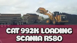 Caterpillar 992K Wheel Loader Loading Coal Truck Trailer Scania R580