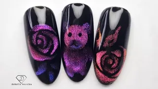 Cat eye gel polish rose and Teddy nail art. Magnetic Gel Polish nail designs. 9D cat eye