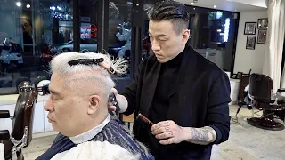 Process of Gray-haired Old Man Becoming Handsome Gentleman. Korean Barber Shop